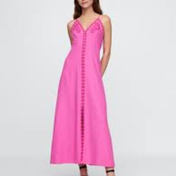 Gap Linen-Blend Embroidered Halter Maxi Dress - Pink - Small Petite - Picture 1 of 3